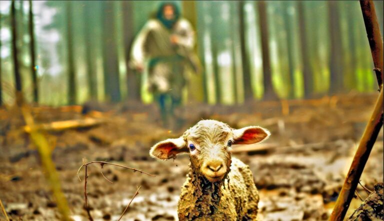 Jesus running after lost lamb.